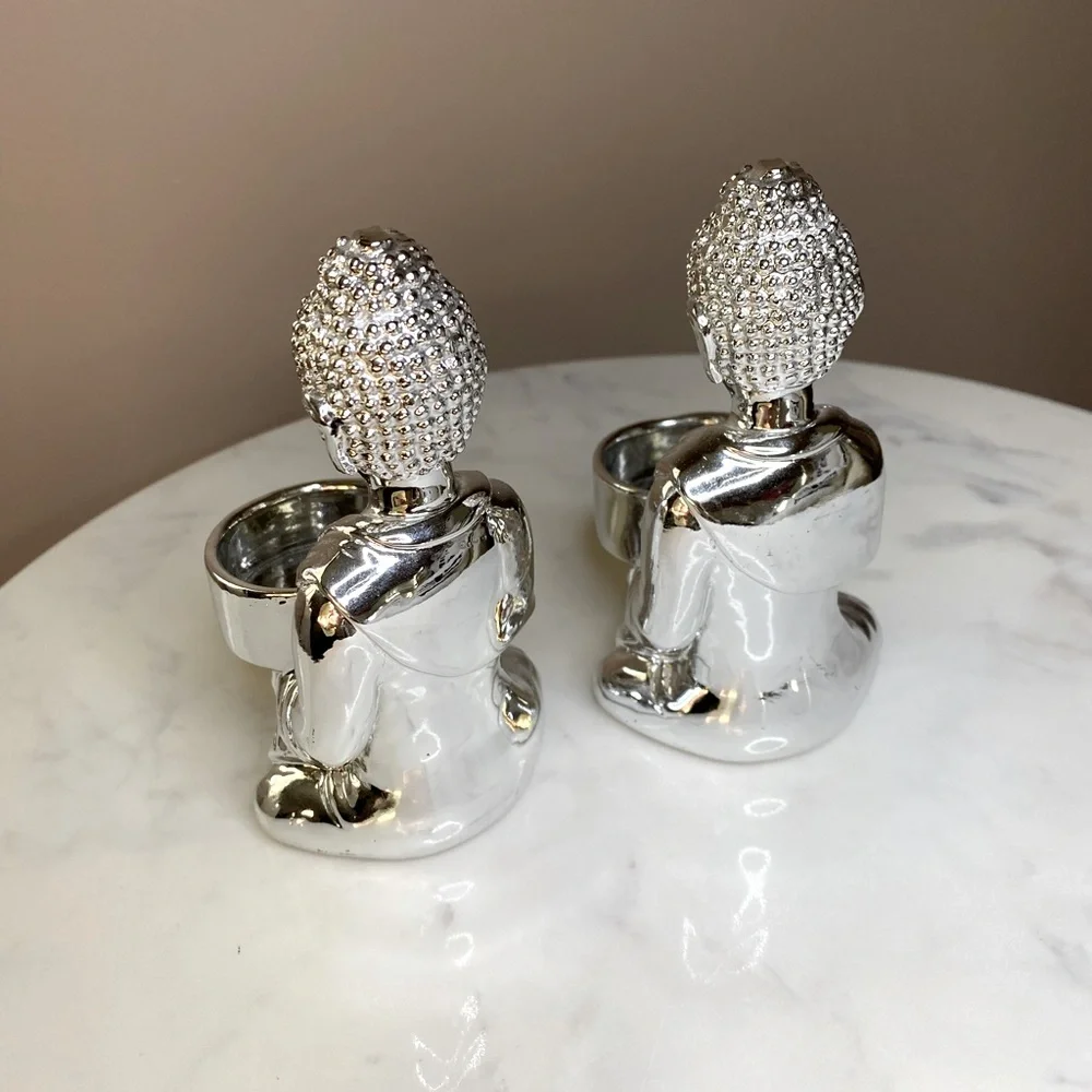 Set of (2) Z Gallerie Silver Buddha Tea Light Candle Holders